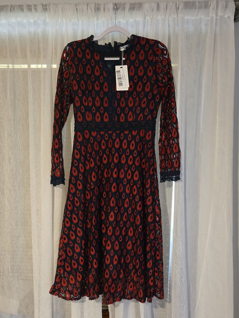 Women's Navy and Red Long-Sleeve Lace-Inset Fit & Flare Dress